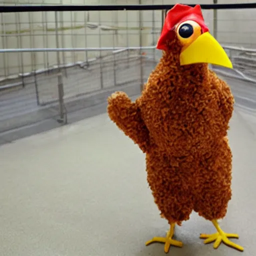 Prompt: real chicken dressed as an inmate on a jail