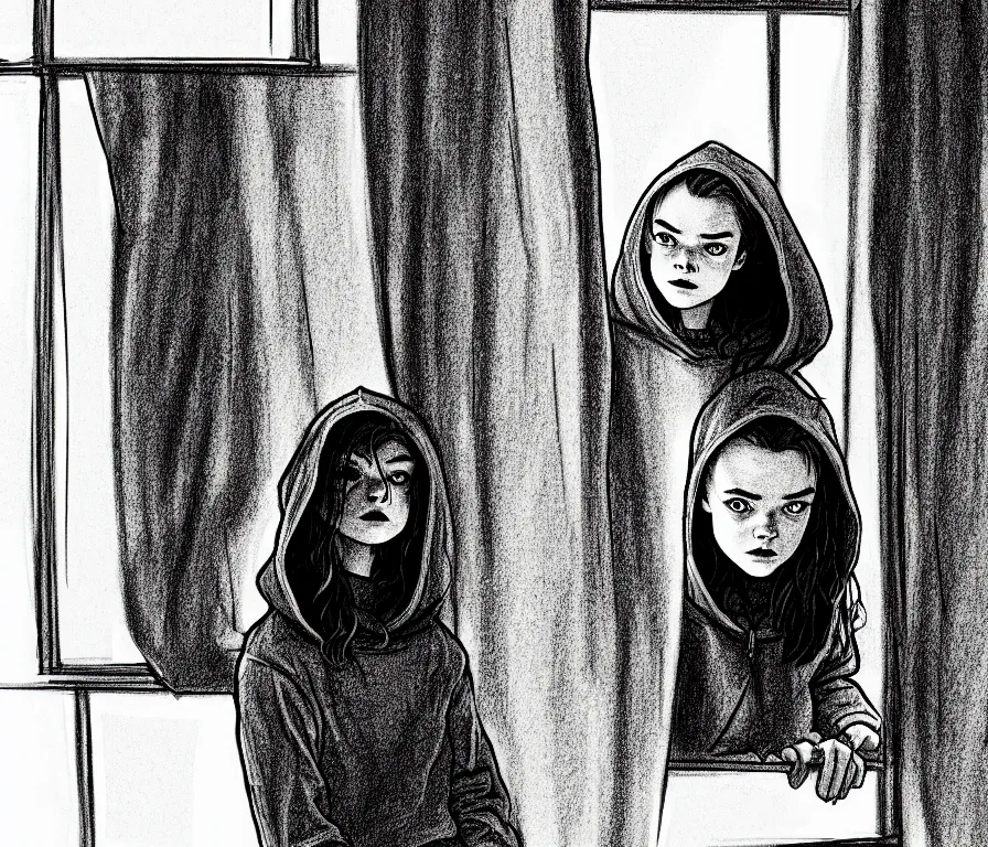 Image similar to sadie sink in hoodie sits on windowsill, knees tucked in | rain falls at night : storyboard drawing, scifi cyberpunk, b & w. by gabriel hardman, joe alves, chris bonura. cinematic atmosphere, detailed and intricate, perfect anatomy