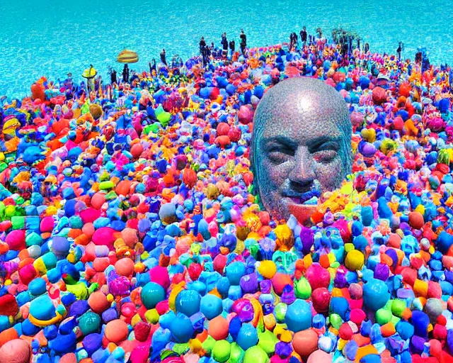 Prompt: a long shot of a giant award winning sculpture made out of tons of hundreds of pool toys in the shape of a human head, on the surface of the ocean, in the style of chad knight, hyper detailed, hyper realistic, ray tracing, 8 k resolution, sharp focus, realistic water