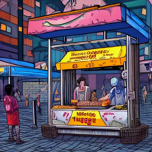 Prompt: the God Neptune trying to make a living selling burgers out of a food cart on a grimy subway platform in a cyberpunk city, 4k, digital art