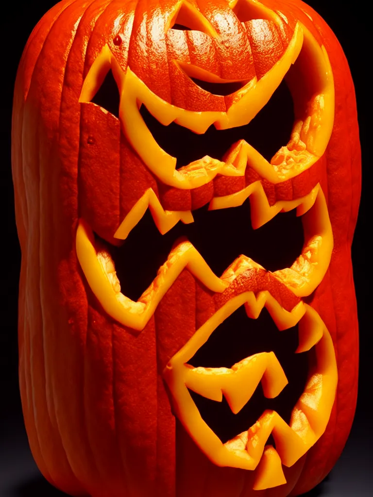 Prompt: hyperrealistic subsurface scattering rendering, fat smooth wet cronenberg flesh monster jack o lantern by art of skinner and richard corben and jeff easley, product photography, action figure, sofubi, studio lighting, colored gels