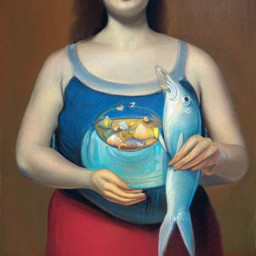 Prompt: a woman holding a fish bowl with fish inside. bow on top. oil on canvas