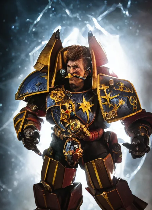 Prompt: Barry Chuckle as a Chaos Space Marine, splash art, movie still, cinematic lighting, dramatic, octane render, long lens, shallow depth of field, bokeh, anamorphic lens flare, 8k, hyper detailed, 35mm film grain