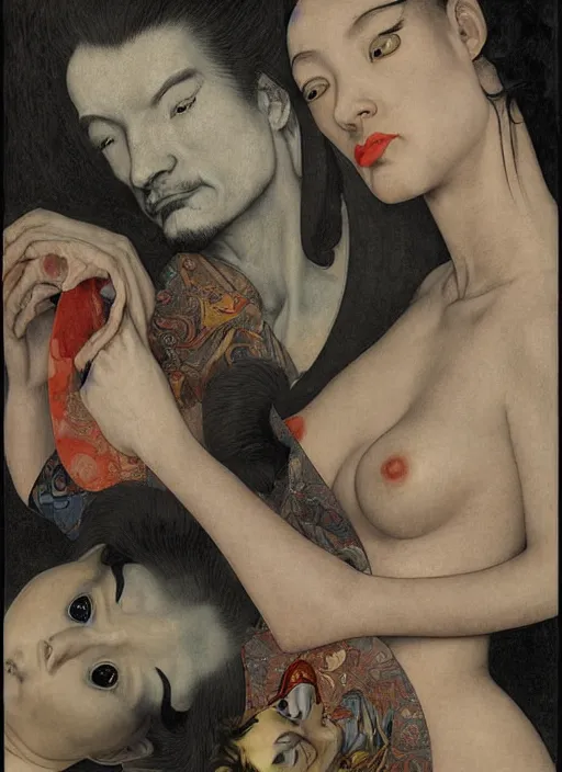 Prompt: hyper realistic painting of koi fish and geisha, in the style of mc escher, austin osman spare, wayne barlowe, gustav moreau, goward, dali, bussiere and roberto ferri, santiago caruso, bouguereau, klimt, saturno butto, sorayama. occult art, alchemical diagram