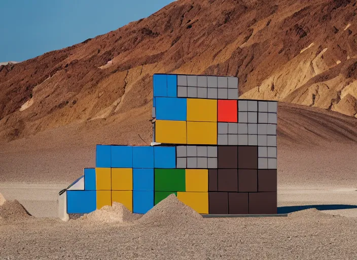 Prompt: a house made out of tetris blocks in death valley, sunflare, windy, dusty, rust, cinema, epic, michael bay style, artistic, colorful