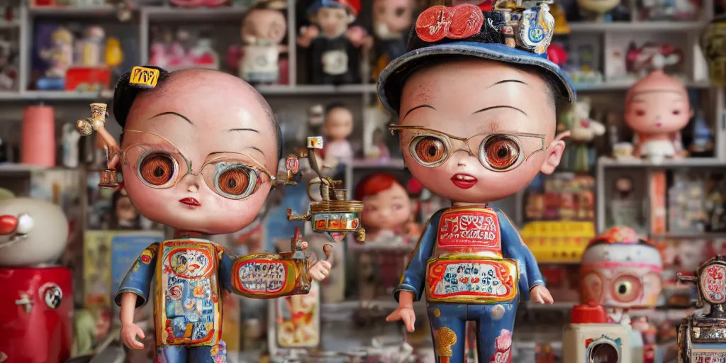Image similar to closeup portrait of tin toy retro tokyo corner store diorama, depth of field, f 3 2, zeiss lens, detailed, centered, fashion photoshoot, by nicoletta ceccoli, mark ryden, lostfish, breathtaking, 8 k resolution, extremely detailed, beautiful, establishing shot, artistic, hyperrealistic, octane render, - h 8 0 4