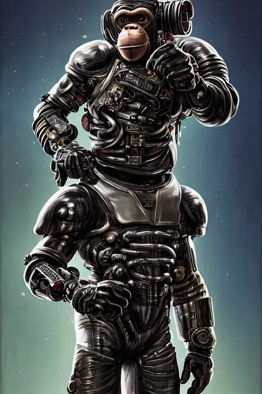 Prompt: a portrait of a muscular anthropomorphic cyberpunk chimp in spacesuit armor with ensignia on chest plate by sandra chevrier, by jon foster, detailed render, pistol in holster, extremely hyperdetailed, tape deck, epic composition, cybernetics, 4 k realistic, cryengine, realistic shaded lighting, sharp focus, masterpiece, by enki bilal