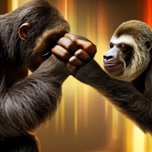 Prompt: a sloth arm wrestling with a gorilla, muscular, intense, action, high definition, highly detailed, cinematic lighting, 4K