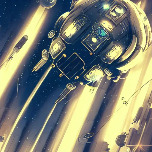 Image similar to steampunk futuristic spaceship, space, stars, moon, extremely detailed, particles, steam, cinematic lighting, anime, studio ghibli, cyberpunk, retro, reflective,