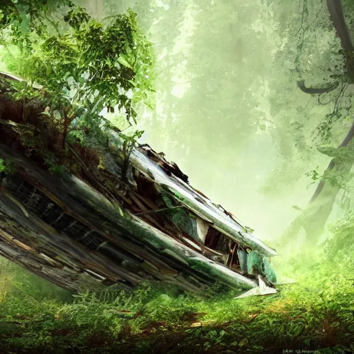 Image similar to a flying vessel wreckage lying down in a thick forest, vines growing on top, 8 k, hyper realism, artstations, concept art, cinematic