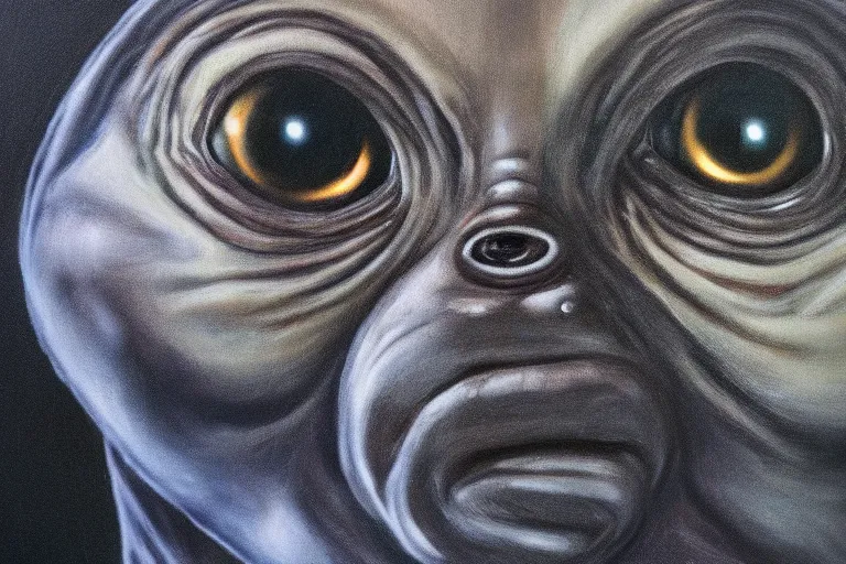 Prompt: e. t. the extra - terrestrial portrait in oil on black velvet, in frame, 4 k, hyper - realistic