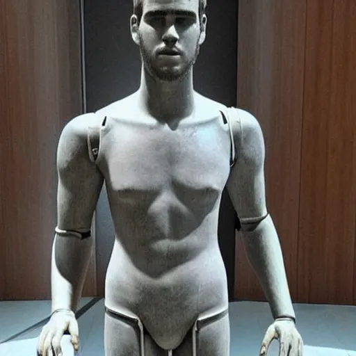 Image similar to “a realistic detailed photo of a guy who is an attractive humanoid who is half robot and half humanoid, who is a male android, actor Liam Hemsworth, shiny skin, posing like a statue, blank stare, at the museum, on display”