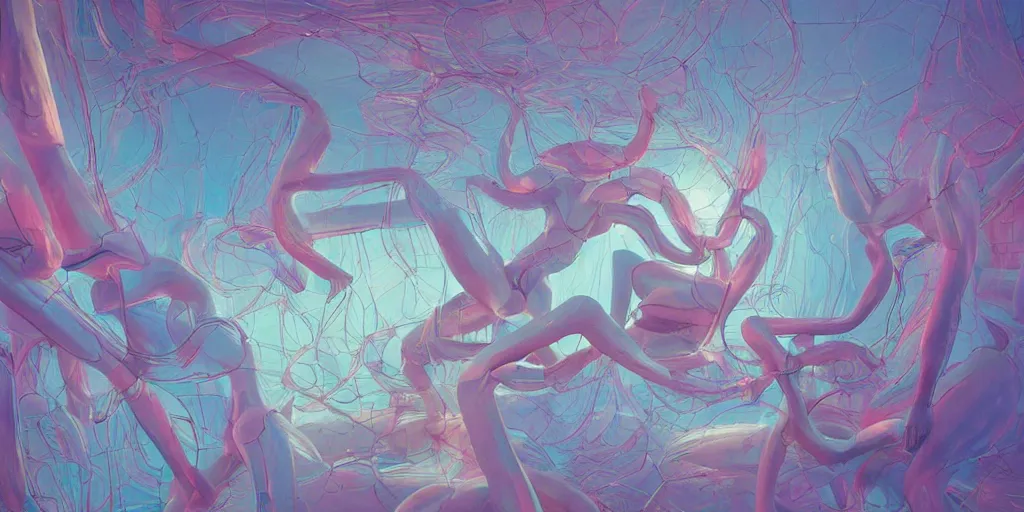 Prompt: abstract greek sculpture of intertwined bodies painted by james jean in pastel colors. artwork by Tooth Wu and wlop and beeple and dan mumford and greg rutkowski and nekroxiii. halo. octane render, cinematic, hyper realism, redshift render, 8k, depth of field, bokeh. iridescent accents. vibrant.
