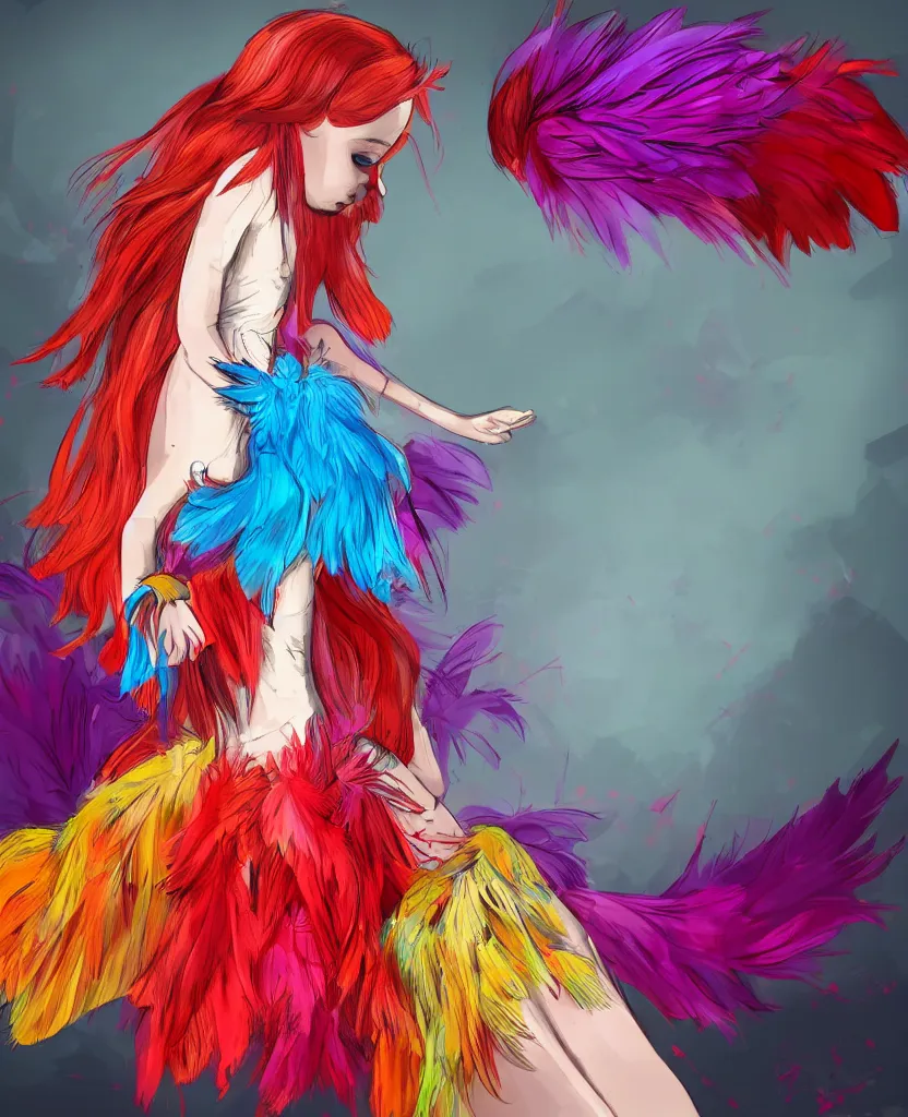 Prompt: little girl with eccentric red hair wearing a dress made of colorful feathers, concept art, smooth, cartoon art style