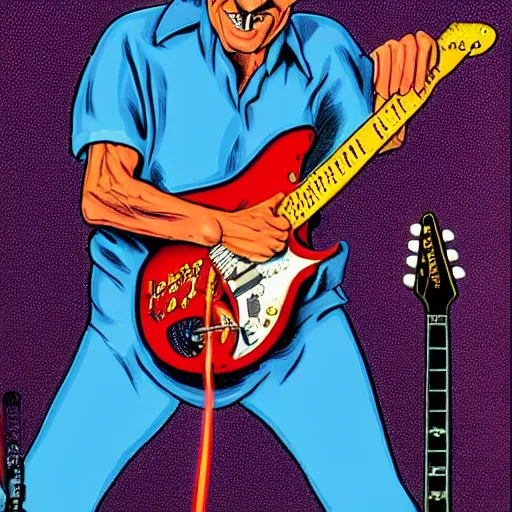 Prompt: Barry Chuckle Shredding on an electric guitar in the style of Jean Giraud