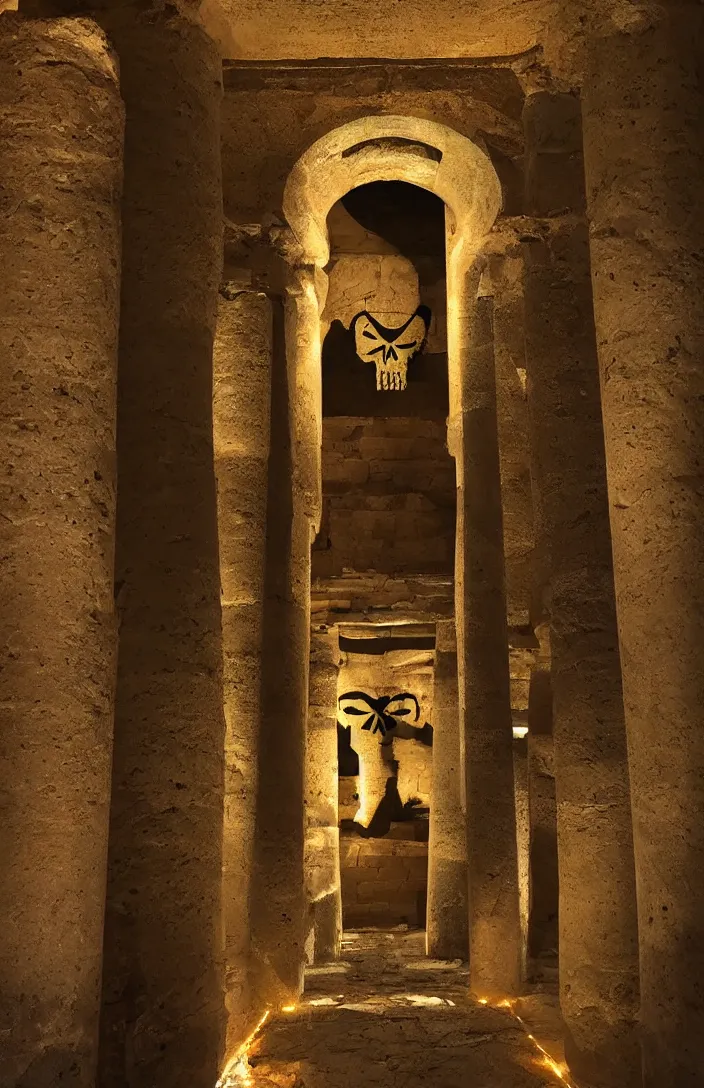 Image similar to punisher symbol is giant arching entrance and pillars in the form of the punisher icon into ancient egyptian temple with luminous smoke and light rays.