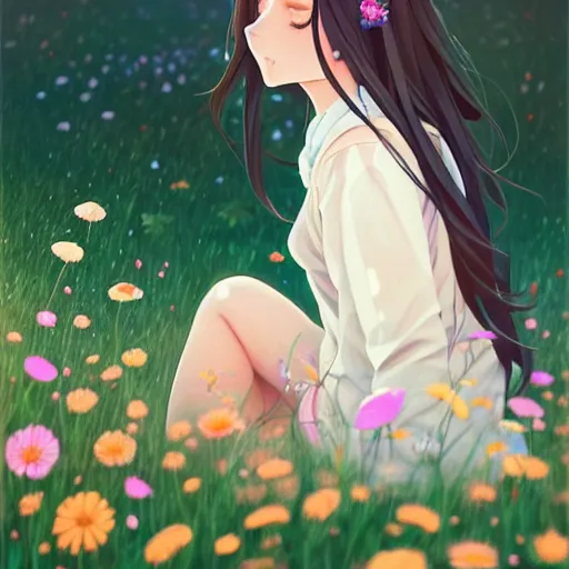 Image similar to a beautiful girl with long dark hair, sitting in a field of flowers, sunny, daytime, sharp focus, intricate, digital painting, artstation, official media, anime key visual, highly detailed, rich vivid colors, ambient lighting, illustration, art by Artgerm, Makoto Shinkai, Ilya Kuvshinov, Lois Van Baarle, and Rossdraws