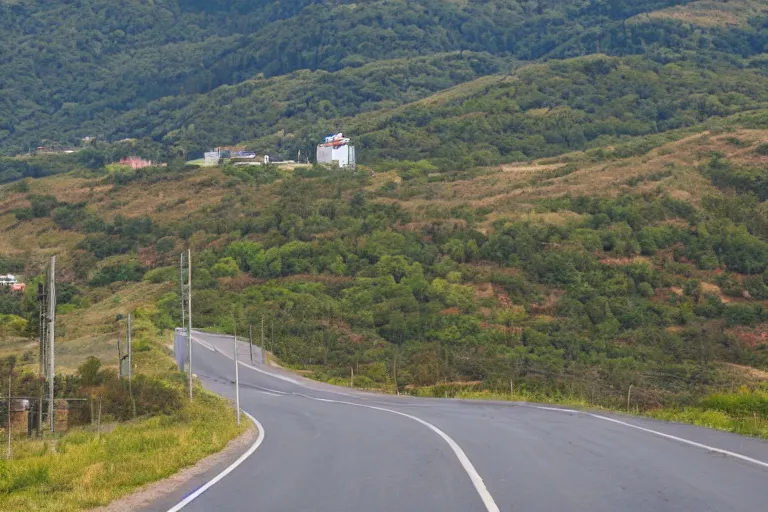 Image similar to looking down road, buildings on both sides. hills background with radio tower on top. telephoto lens compression.