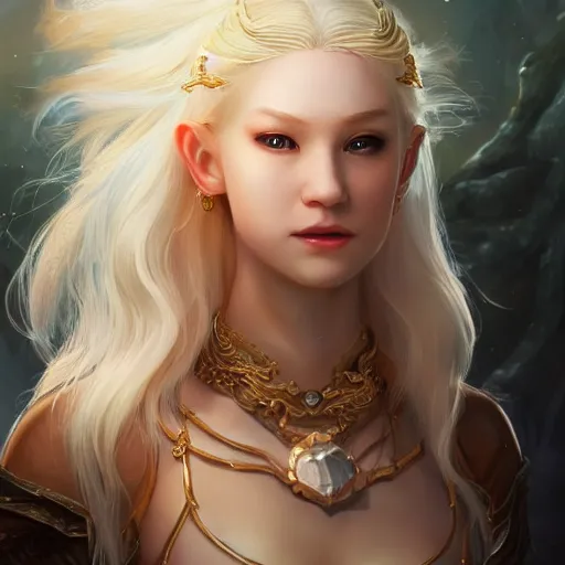 Prompt: A masterpiece portrait of a A albino gorgeous Asian elvish blonde girl with huge Diamond in her forehead. Goddess of North. trending on artstation, digital art, by Stanley Artgerm Lau, WLOP, Rossdraws, James Jean, Andrei Riabovitchev, Marc Simonetti, Yoshitaka Amano