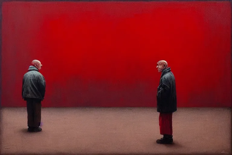Prompt: only with red, a red old man try to sell a portrait, in a square, crowd cheering, in the style of beksinski, parts by edward hopper, parts by rodcenko, parts by yue minjun, intricate and epic composition, red by caravaggio, insanely quality, highly detailed, masterpiece, red light, artstation, 4 k