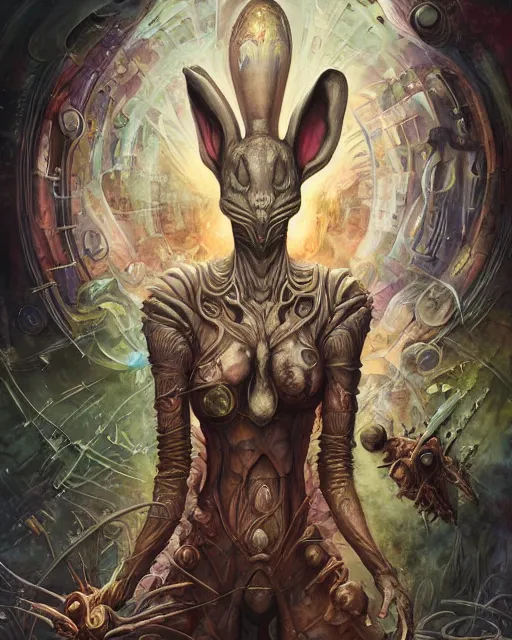 Image similar to alchemist rabbit, by antonio j. manzanedo, giger, alex grey, android jones, wayne barlowe, philippe druillet, raymond swanland, cyril rolando, josephine wall, harumi hironaka, trending on artstation