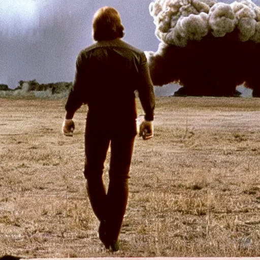 Prompt: Film still of Chuck Norris walking away from a mushroom cloud, 1984