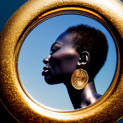 Image similar to portrait of metallic face, african woman, mercury, mirror reflections, smooth, liquid metal, proud, looking away, outdoor, blue sky, 8 k, realistic, depth of field, award winning photography