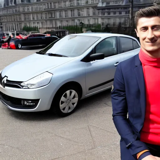 Image similar to proude Robert Lewandowski is sitting in old Renault Clio