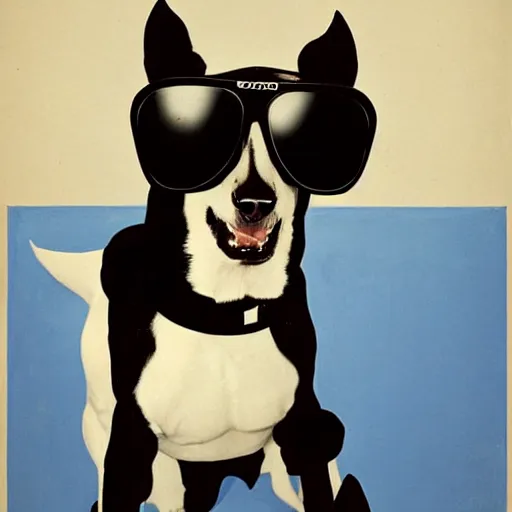 Prompt: Portrait of an expressionless dog cosplaying as the T-800 Terminator, wearing sunglasses, by Gil Elvgren