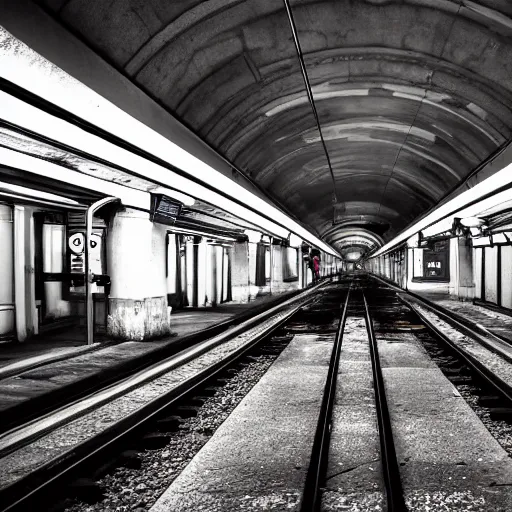 Image similar to abandoned london underground station, platform, haunting, beautiful, photorealistic, extreme detail, sharp focus, 4 k, award winning,