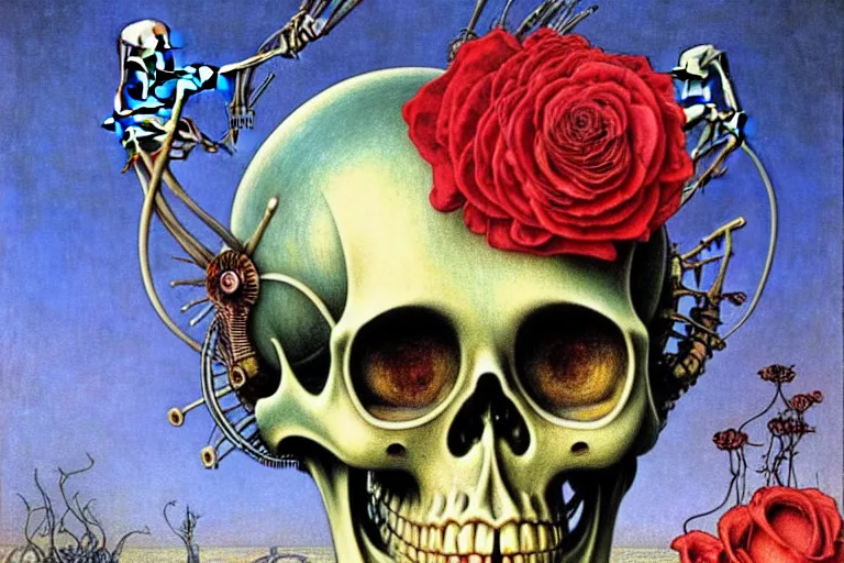 Image similar to realistic detailed portrait painting of a skeleton with a single rose wearing sci-fi helmet in a dystopian landscape by Jean Delville, Amano, Yves Tanguy, Alphonse Mucha, Ernst Haeckel, Edward Robert Hughes, Roger Dean, rich moody colours, blue eyes