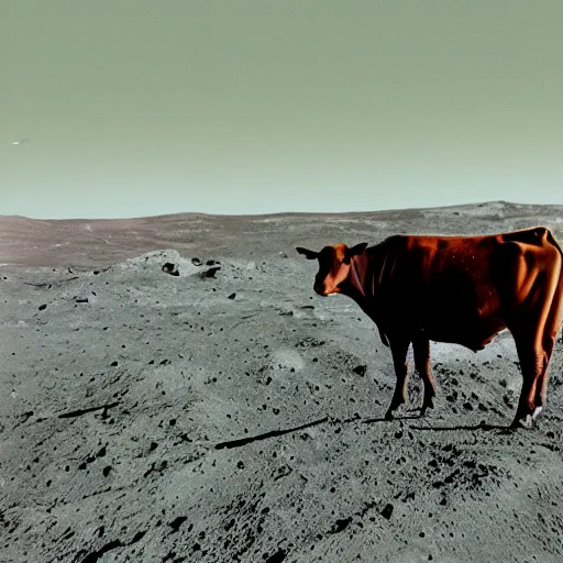 Prompt: colored photo of a cow on the moon, photorealistic, 8 k
