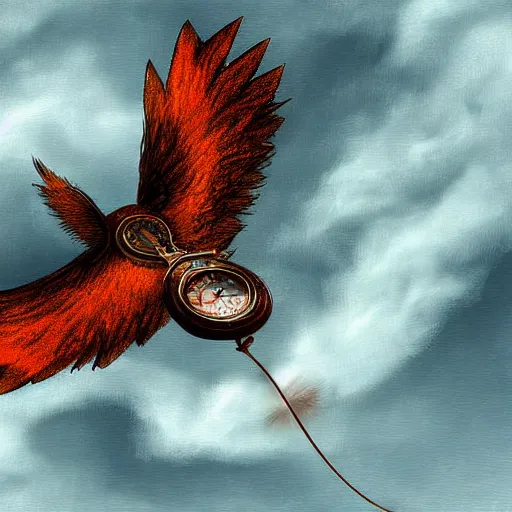 Prompt: a mouse with clockwork wings flying through thick orange clouds, fantasy digital art