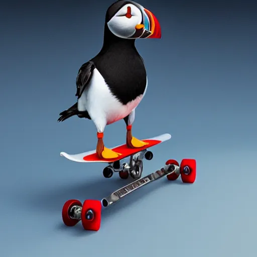 Image similar to puffin riding skateboard, cinematic, cinematic lighting, trending on Artstation, Cgsociety, detailed, 4k, very realistic