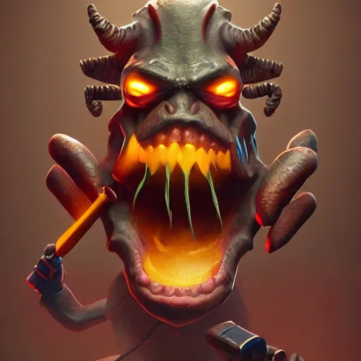 Prompt: a demonic looking monster with a hammer in its mouth, an ultrafine detailed painting by johannes helgeson, featured on zbrush central, sots art, 2 d game art, behance hd, reimagined by industrial light and magic