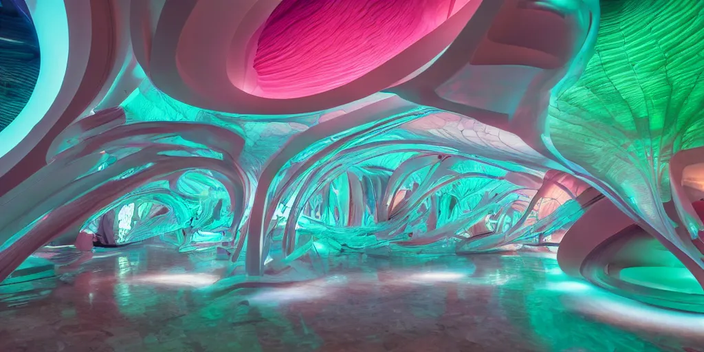 Image similar to extremely detailed awe stunning beautiful futuristic smooth curvilinear museum interior, translucent gills, hyper real, 8k, colorful, 3D cinematic volumetric light, atmospheric light