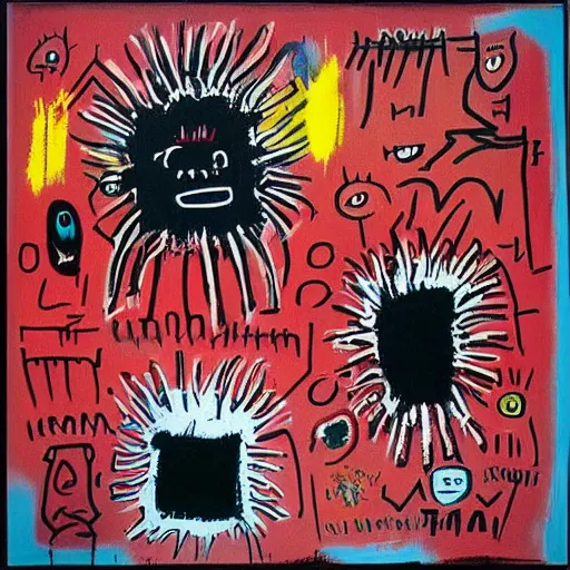 Image similar to “berries, diamonds, pigs, weeds, bagels, Acrylic, spray paint and oilstick on canvas, by Jean-Michel Basquiat”