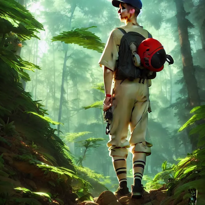 Image similar to a man with a baseball hat hiking through a deep lush forest space ship pilot in the style of studio ghibli, j. c. leyendecker, greg rutkowski, artem