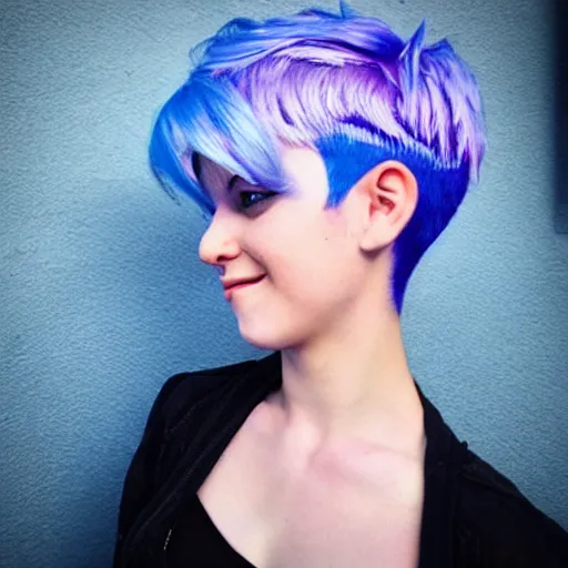 Image similar to photo of young cute punk woman with blue pixie cut posing, hyper detailed