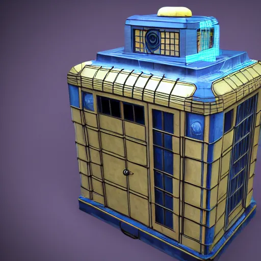 Prompt: Art Deco Tardis console and interior, 3d render, hyper realistic, unreal engine, detailed