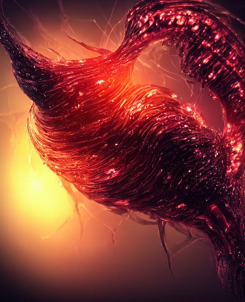 Image similar to close-up macro portrait of the dark queen, epic angle, epic pose, symmetrical artwork, 3d with depth of field, blurred background. cybernetic jellyfish phoenix bird, translucent, nautilus. energy flows of water and fire. a highly detailed epic cinematic concept art CG render. made in Maya, Blender and Photoshop, octane render, excellent composition, cinematic dystopian brutalist atmosphere, dynamic dramatic cinematic lighting, aesthetic, very inspirational, arthouse