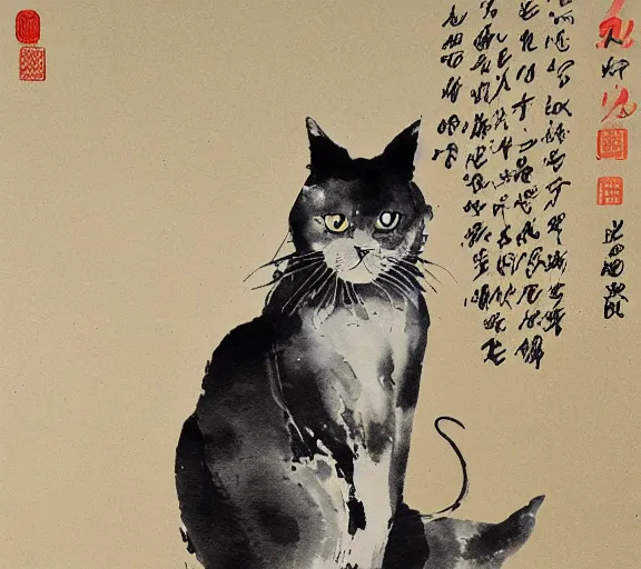 Prompt: ink painting of a cat by li zhaodao