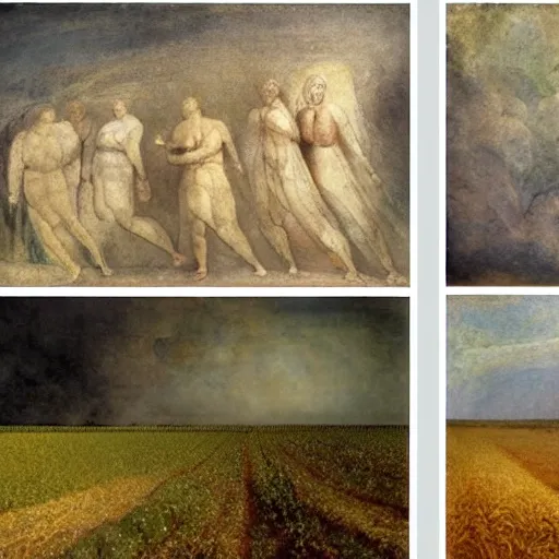 Prompt: by william blake, by odd nerdrum terrifying, stormy. a beautiful collage depicting a farm scene. the collage shows a view of an orchard with trees in bloom.