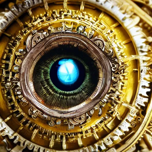 Prompt: a macro photo of a gold and silver mechanical eye, close - up, large intricate iris with gears and inside, intricate gears and lenses and filaments, intricately detailed engravings, intricately detailed markings, intricate textures, warm lighting, vivid colors, realistic octane render, hyper realistic render, volumetric shading, depth of field, raytracing, 8 k,