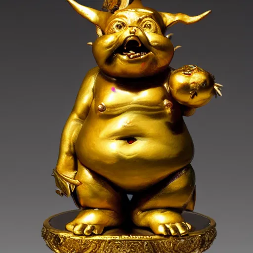 Image similar to a happy cute fat Lucky Golden Goblin statue,fat lucky god, bright art masterpiece artstation. hyper details, golden smooth material, sculpted by Alex Alice, Craig Mullins, yoji shinkawa, trending on artstation, beautifully lit, Peter mohrbacher, hyper detailed, insane details, intricate, elite, elegant, luxury, glittering light, CGsociety, hypermaximalist, golden ratio, treasure background, volumetric, octane render, weta digital, micro details, 3d sculpture