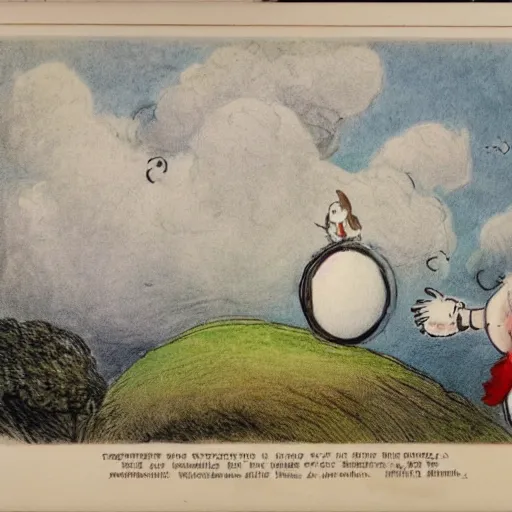 Prompt: candid portrait of white ball in the sky with man's face smiling eyes closed, surrounded by clouds, illustrated by peggy fortnum and beatrix potter and sir john tenniel