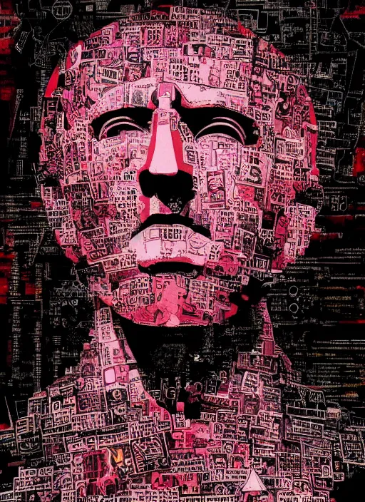 Image similar to design poster showing a statue of julius caesar, black background with very subtle red and purple design elements, powerful, nekro, guido crepax, graphic design, collage art, thin lines, dark, glitch art, neo vaporwave, gritty, layout frame, square, trending on artstation