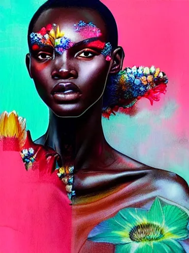 Prompt: double exposure portrait of duckie thot with a floral background : : painted by artgerm, karol bak, artur bordalo, sandra chevrier : : portrait, character, illustration, hyperrealism, photorealism, double exposure, negative space