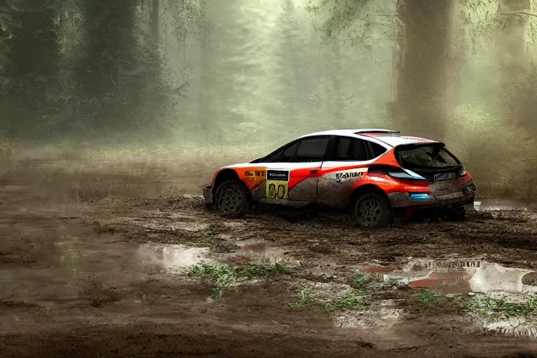 Image similar to a rally car splashing thru a mud puddle in a forest. Digital art, extremely detailed, artstation, motion blur, mist