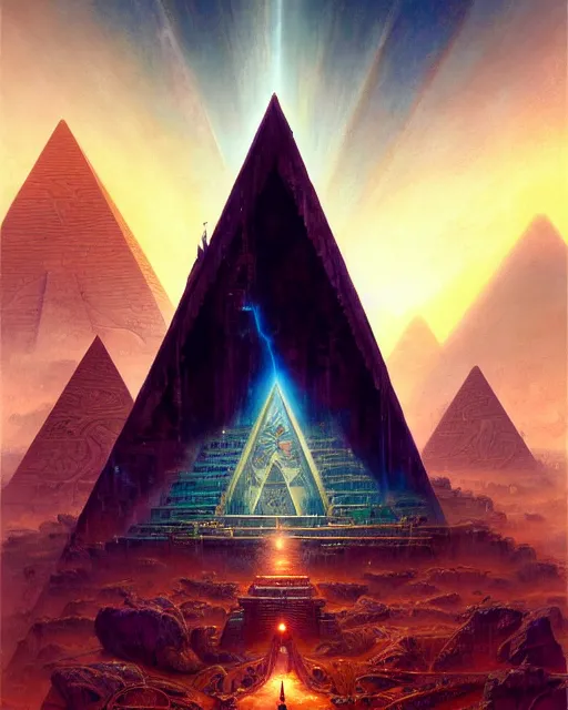 Image similar to inside a pyramid made of pyramids and eyes fantasy character portrait, ultra realistic, wide angle, intricate details, blade runner artifacts, highly detailed by peter mohrbacher, boris vallejo, hajime sorayama aaron horkey, gaston bussiere, craig mullins